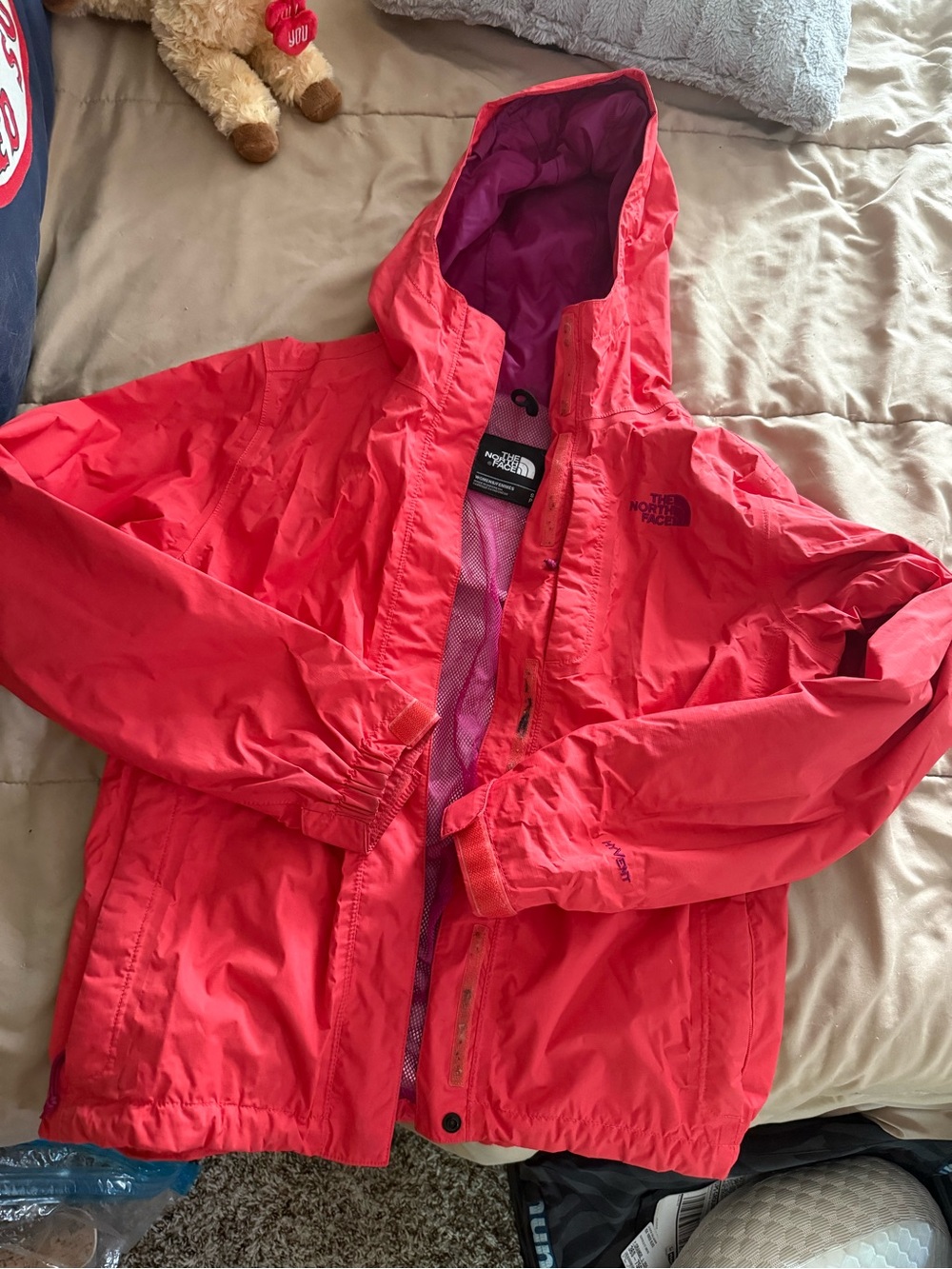 The North Face Girls' Coral Red Hooded Rain Jacket